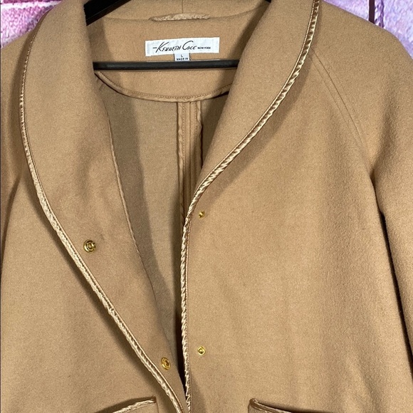Kenneth Cole Wool Blend Coat L Camel Tan Open Front Minimalist Long Jacket - Picture 4 of 7
